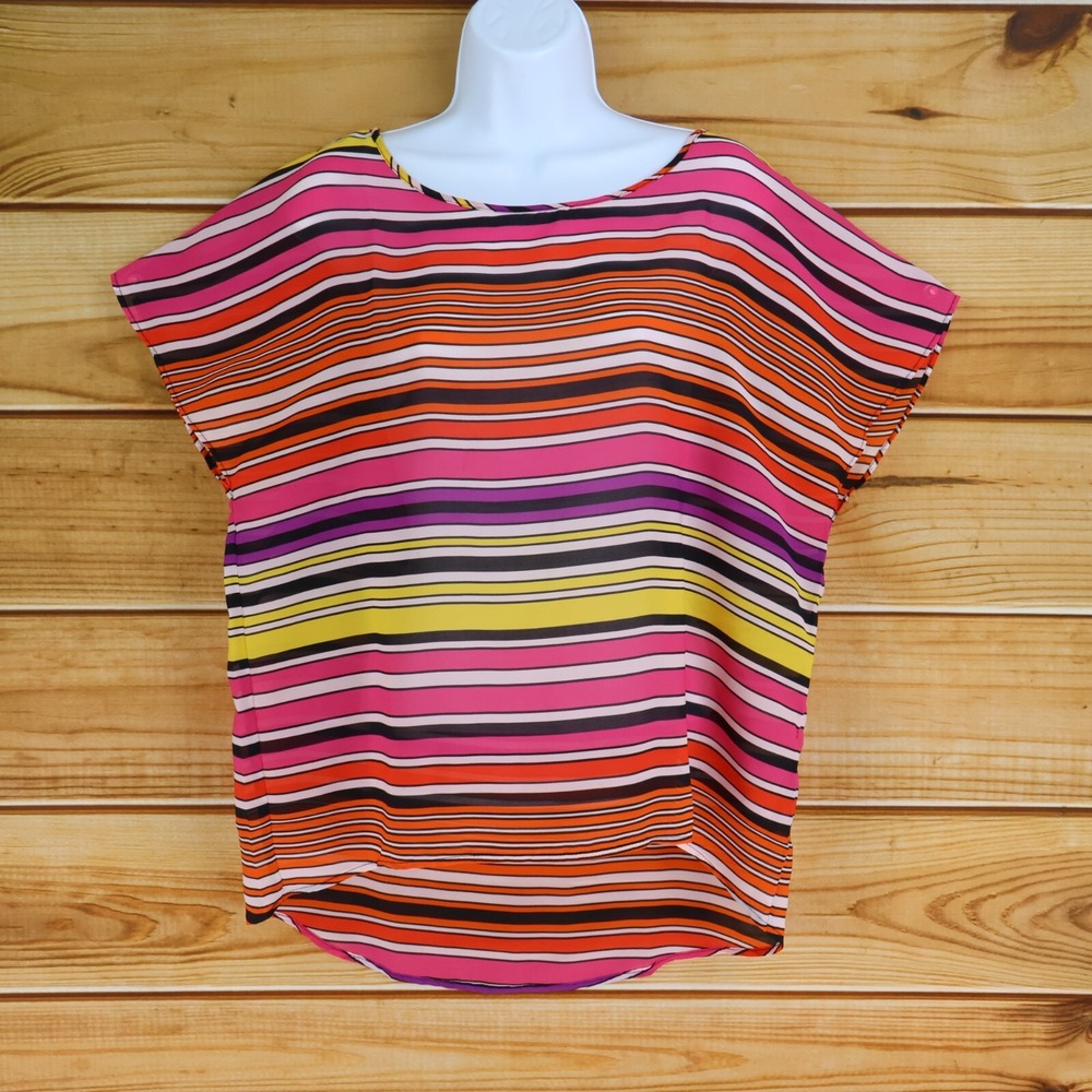 Rafaella Lightweight Blouse Womens Sz L Multicolor Striped 100% Polyester Sheer